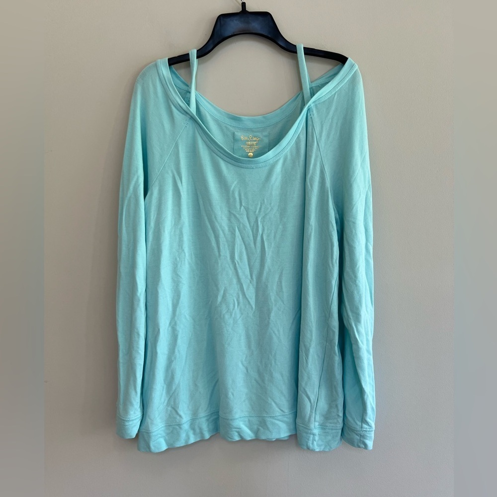 Lilly Pulitzer Luxletic Long Sleeve Open Shoulder Pullover Scoop Neck Teal, XL